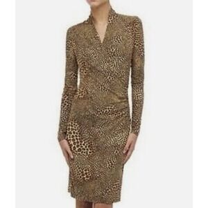 Norma Kamali Leopard Animal Print Ruched Faux Wrap Dress XXL Brown Jersey